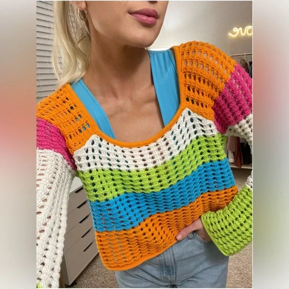 Wild Fable Granny Crochet Striped Rainbow Wide Sleeved Casual Top Shirt Size L - Picture 1 of 9